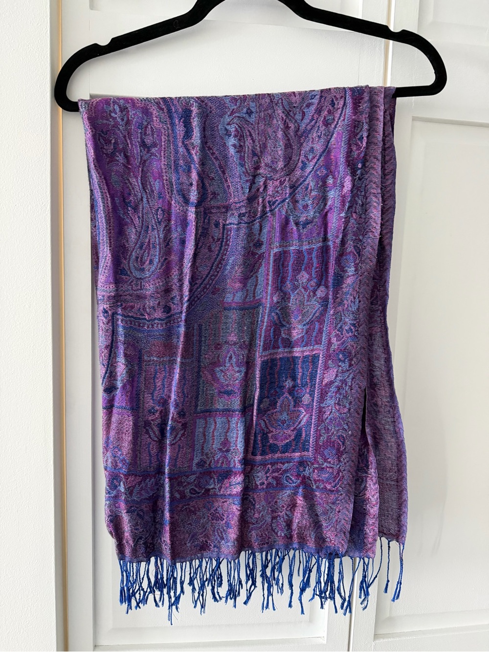 Vintage Purple Blue Paisley Fringe Pashmina Shawl Wrap Scarf 27x74
